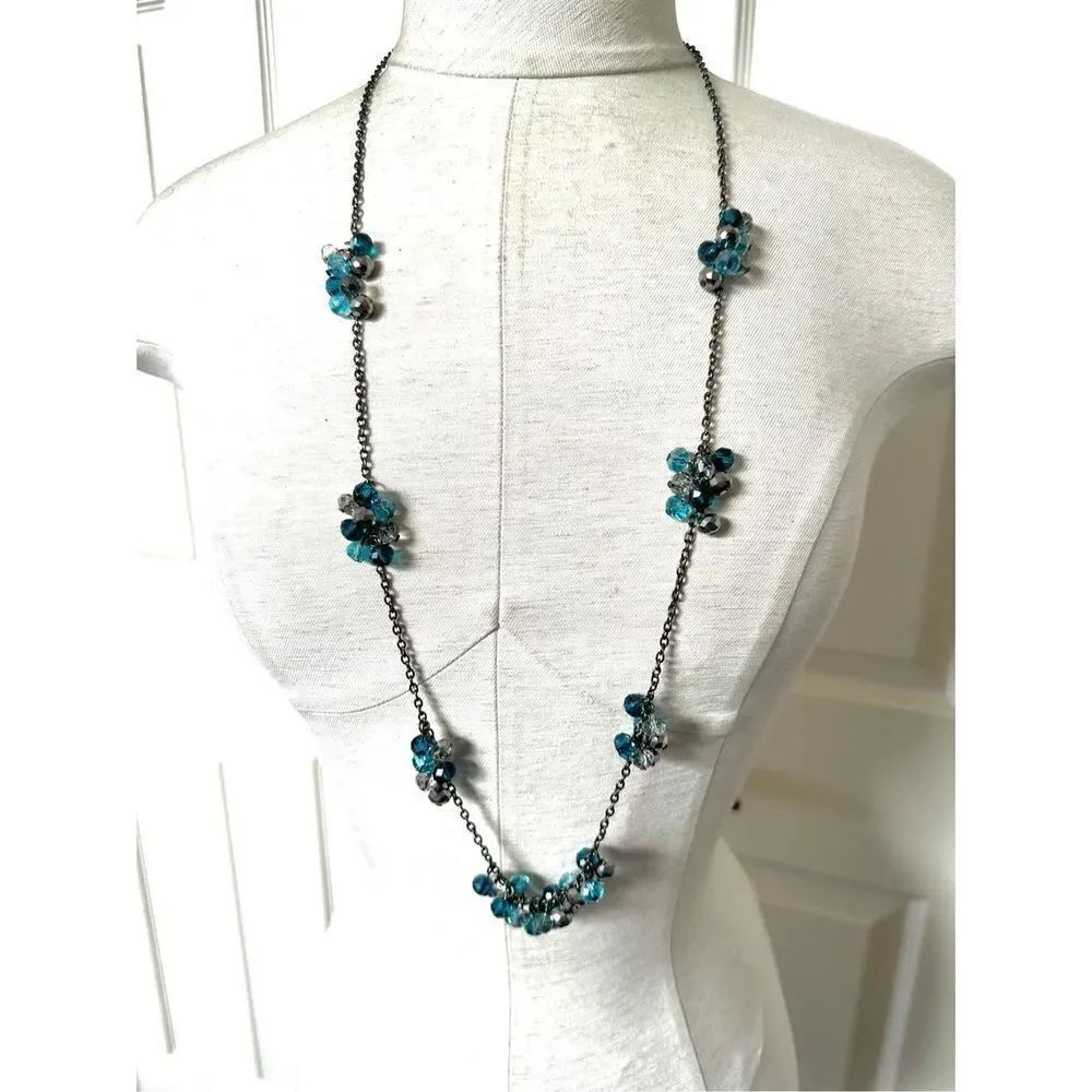 Blue grey crystal cluster long necklace
